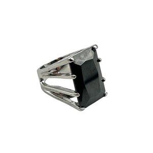 Chunky Glass Hematite Ring Size 7 Geometric High Raised Design Silver Tone